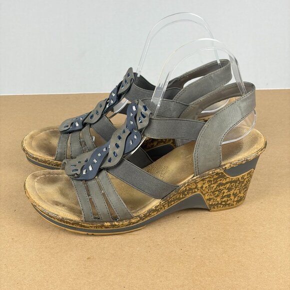 Rieker Wedge Slingback Leather Sandals Womens 8.5 EU 40 Gray Blue Tan Open Toe - Picture 1 of 9